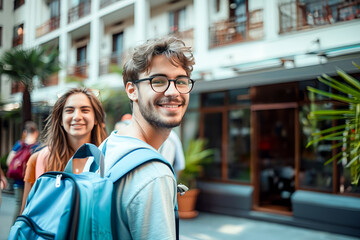 Young group of tourists with suitcases arriving at youth hostel guest house, People doing check-in at hotel lobby - Summertime holidays., Happy friends enjoying summer vacation together. - obrazy, fototapety, plakaty