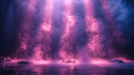A stage enveloped in silver smoke abstract background under a deep purple spotlight, creating a mystical atmosphere on a dark background.