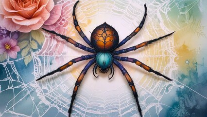 large colorful spider with eight legs against background of delicate spider web and blooming flowers. concepts: spider day, fantasy book cover, Halloween decorations, handicraft, lace weaving