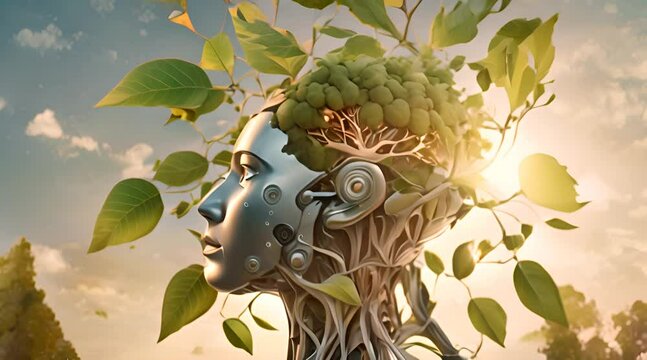 Abstract human brain seamlessly merging with the roots of towering tree, symbolizing the interconnectedness of the human mind with nature and the wisdom of the natural world