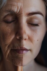 Side-by-side comparison showcasing the remarkable improvement in a old and young caucassian woman's skin closed eyes