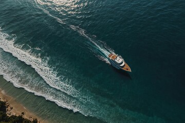 A boat is sailing in the ocean with waves in the background