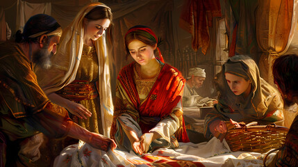 Illustrated style. The Woman with the Issue of Blood Touches Jesus's Garment. Power of Belief: Touching Jesus's Garment, the Woman Finds Immediate Healing from Her Twelve-Year Hemorrhage