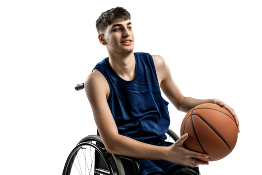 Basketball player in a wheelchair holds a basketball. Handicapped and lifestyles concept. - Powered by Adobe