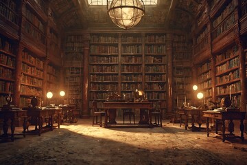 Obraz premium A library with a large globe hanging from the ceiling