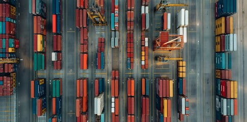 Obraz premium Aerial view, industrial port with colorful shipping containers stacked in rows and columns, dock workers operating forklifts, move containers