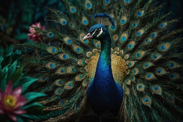 Obraz premium A beautiful blue and green peacock stands in front of a pink flower
