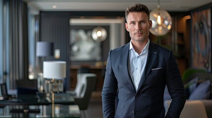 Fototapeta premium Capture the businessman in a sleek office setting, exuding confidence and professionalism. Utilize soft lighting to highlight his refined attire and the clean lines of the modern workspace,