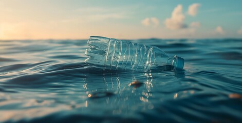 A plastic bottle floating above sea level, pollution of the sea