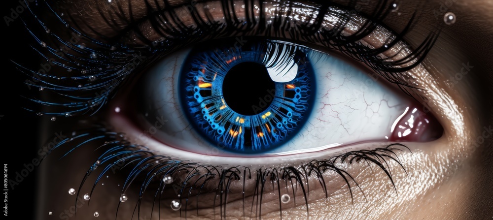 Poster cybernetic vision hacker or ai robot eye in dark technological environment on digital backdrop