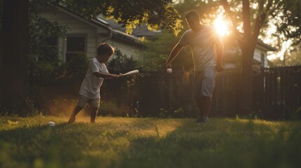Father pitching a ball to his son in the warm light of a backyard sunset.