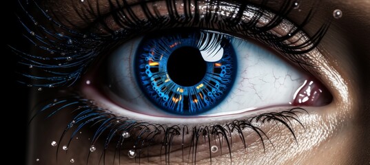 Cybernetic vision  hacker or ai robot eye in dark technological environment on digital backdrop