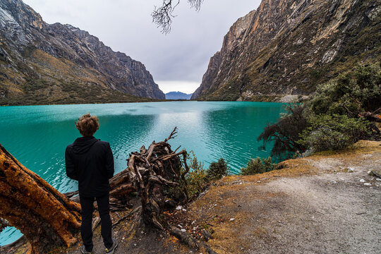 panormaic view of laguna paron in the snow-covered andes in the Huascar&aacute;n national park in peru