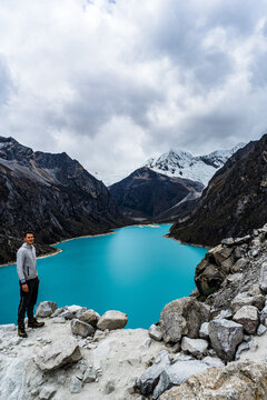 panormaic view of laguna paron in the snow-covered andes in the Huascar&aacute;n national park in peru