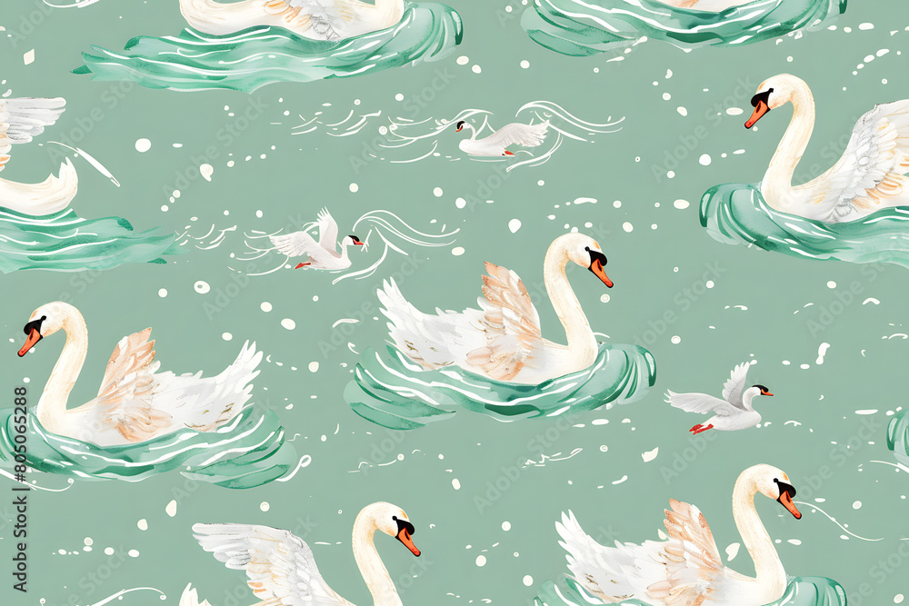 Poster continuous pattern of mint green background with illustration of tiny swans and little waves