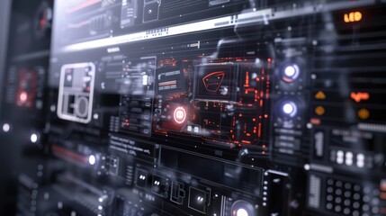 Close-up of a high-tech server rack with glowing red indicators and advanced components.