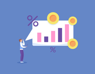 profits increase by several percent each year. the percentage of success continues to rise. profits continue to grow. a businessman views and analyzes income and profit data. illustration concept