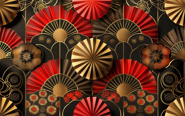 Seamless pattern with fans and chinese fans. Vector illustration.
