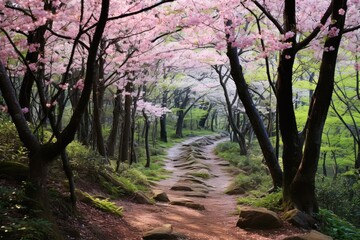 Obraz premium Forest Bathing Trail: A trail designed for Shinrin-yoku (forest bathing) with cherry trees.