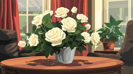 Beautiful white roses in pot on table in room Vector