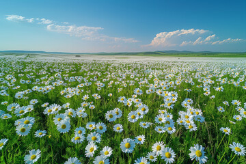 Drone view of white daisy fields, a soft blanket of white and green under a clear blue sky. AI generated.