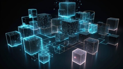 Fototapeta premium Artificial intelligence, composition of neon brain cubes on a dark background, isolate. AI generated.