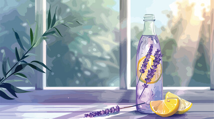 Bottle of lavender infused water with lemon on light