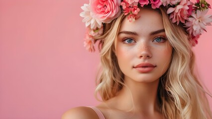 Fototapeta premium Beautiful blond woman model with flower on the pink background