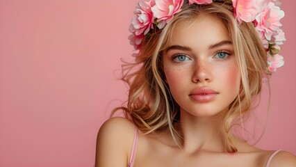 Naklejka premium Beautiful blond woman model with flower on the pink background