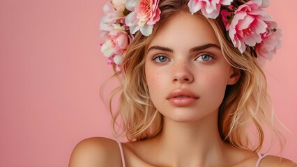 Naklejka premium Beautiful blond woman model with flower on the pink background