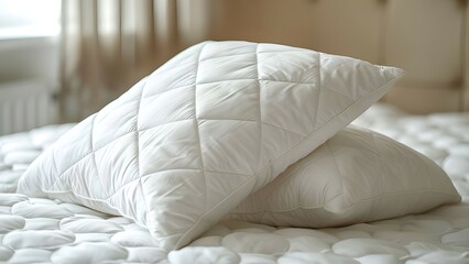 Close up of white pillow without cover on the bed