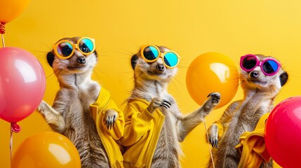 Entertaining meerkats with sunglasses and balloons at a fun public event