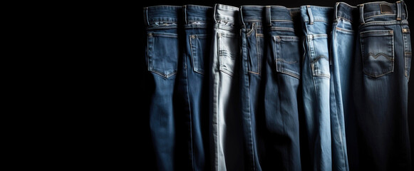 Collection of different color patterns of denim pants in a row, black background. AI generated.