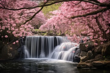 Cherry Blossom Waterfall: A waterfall framed by cherry blossoms, creating a dramatic focal point.