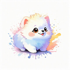 Cute little white spitz with watercolor splashes on white background