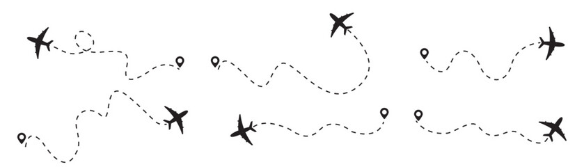 Airplane Plane routes line set. Planes dotted flight pathway. Plane paths. Aircraft tracking, planes, travel, map pins, location pins .start point line trace and plane routes. © Charles stockio