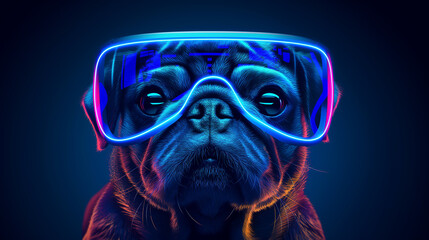 Pug dog waering glasses of virtual reality, VR glasses for virtual reality with funny dog,