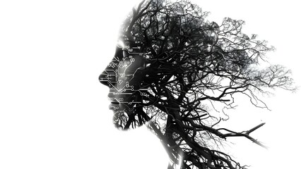 Abstract head silhouette featuring a complex circuit brain