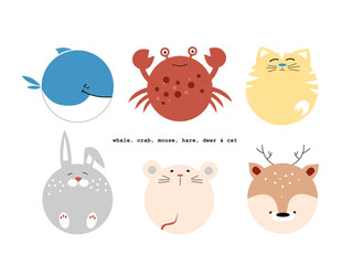 Vector set of funny round animals. Cat, bunny, mouse, deer, crab, whale for logo and greeting cards