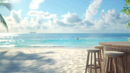Display podium with beach bar background. Summer themed display podium. Product presentation, mock up, Summer cover background. Copy paste area for text