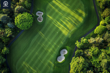 Top down view of a golf course showing complex green patterns and meticulous landscaping. AI generated.