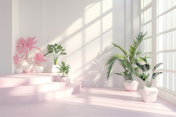 Empty living room interior with green and pink plants. Windows. Sun light shadow. Copy space podium.