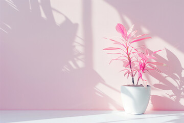 Empty wall with pink plant. Copy space template.