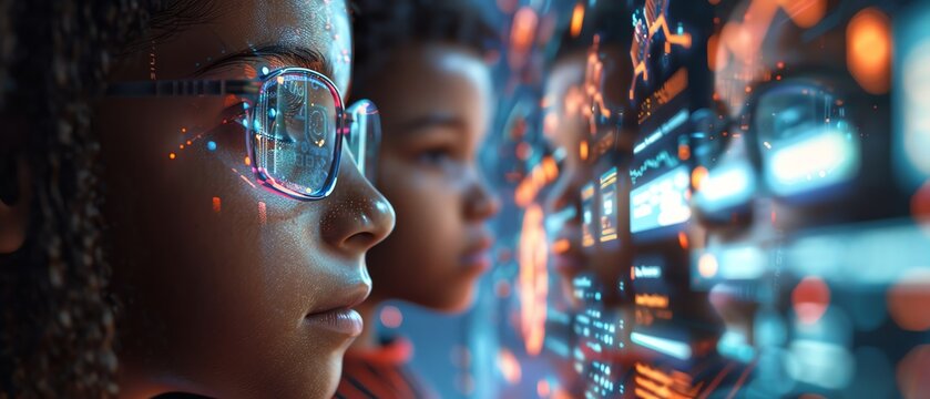 Two young scientists in a futuristic laboratory, wearing augmented reality glasses and analyzing data on a digital screen.