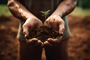 Environment Earth Day In the hands of trees growing seedlings. Male hand holding tree on natural background. Concept of forest conservation and World Soil Day.
