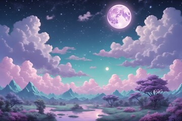 Fototapeta premium A beautiful, serene landscape with a large purple moon in the sky