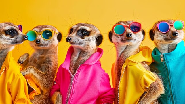 Group of meerkats in vibrant attire and shades huddled together