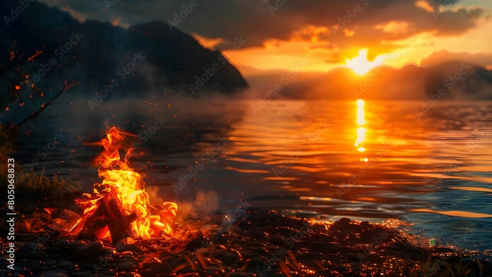 Poster A bonfire on a beach with sunset background