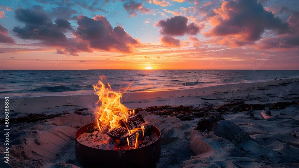 Poster  A fire pit on a beach with sunset background