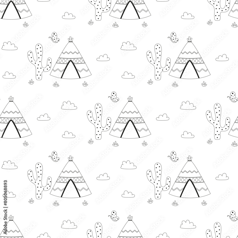 Wall mural seamless pattern with cartoon wigwam